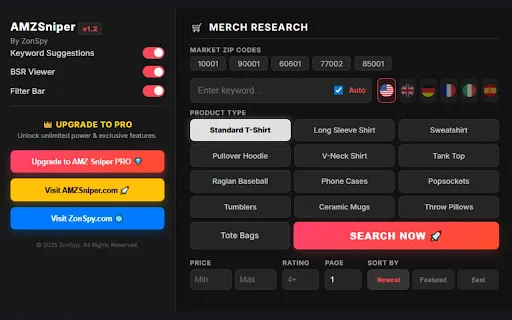AMZSniper: La mejor herramienta gratuita para Merch y KDP en Amazon - Screenshot 1